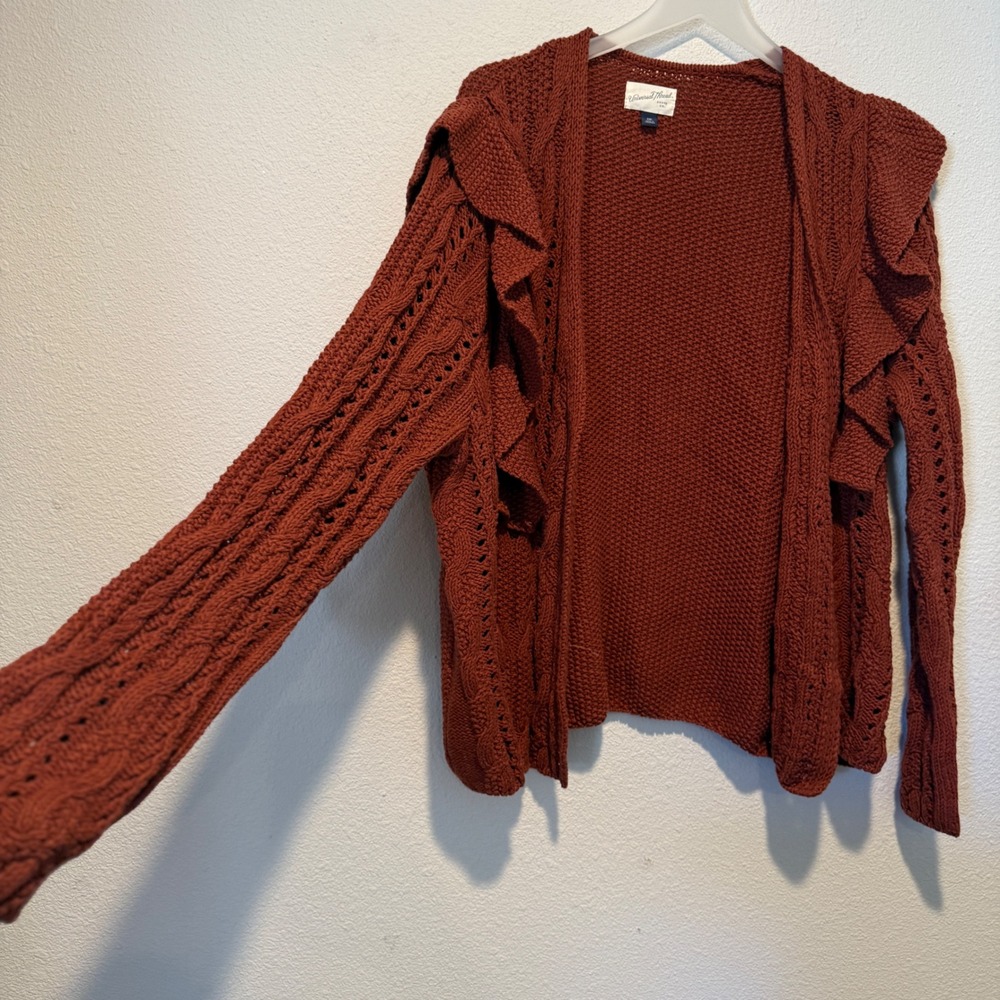 Universal Thread XXL Rust Orange Ruffle Cable Knit Open Front Cardigan Sweater - Picture 2 of 4